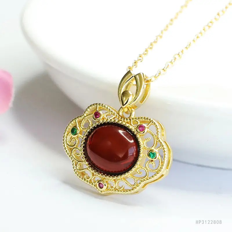 Guan Yu Natural Amber Pendant Necklace Blood Red Ruyi Jewelry - Image 4
