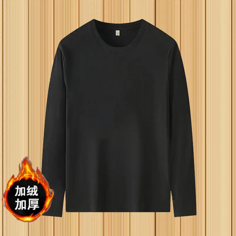 Men Fleece Lined Solid Black T-Shirt Long Sleeve - Image 5