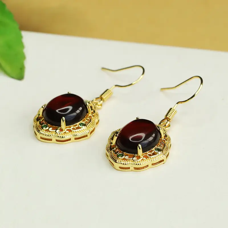 Aiyu Natural Amber Blood Earrings Gold Plated Baltic Sea Hooks - Image 3