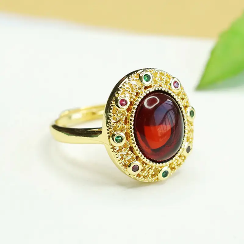 Aiyu Natural Amber Ring with Green Stones Ethnic Style