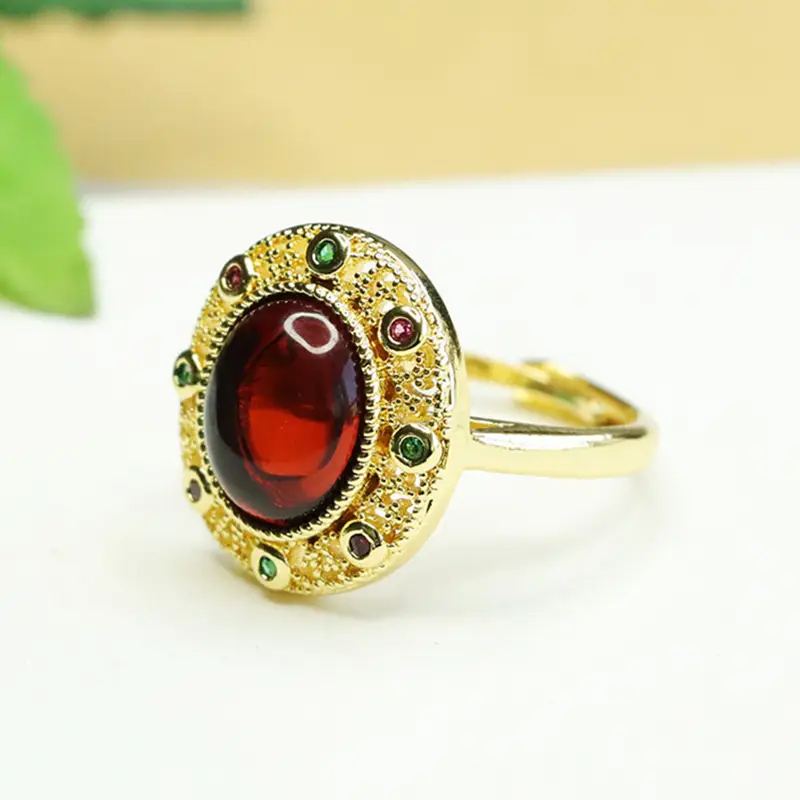Aiyu Natural Amber Ring with Green Stones Ethnic Style