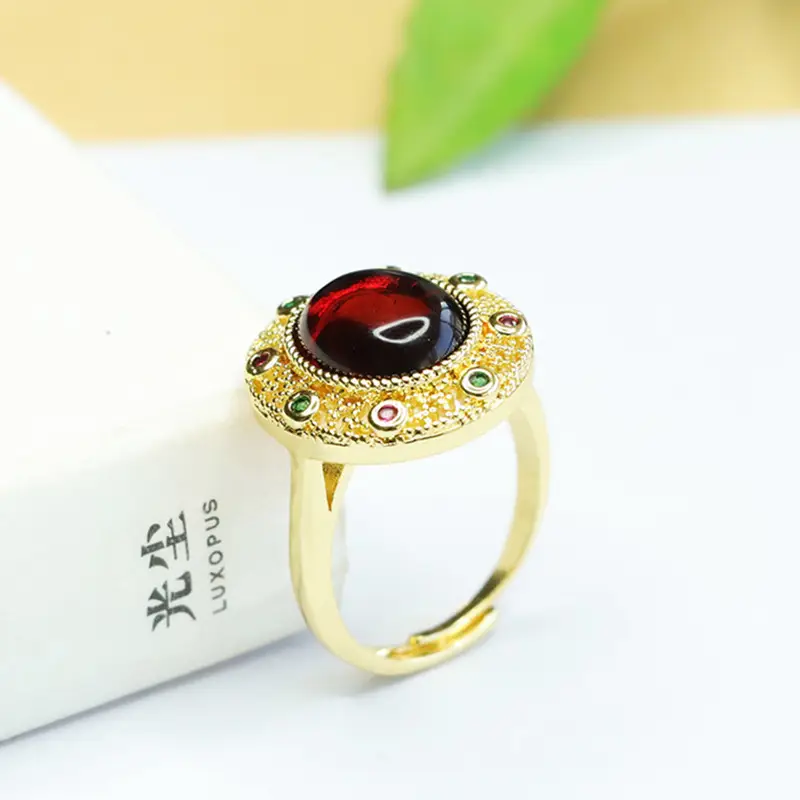 Aiyu Natural Amber Ring with Green Stones Ethnic Style