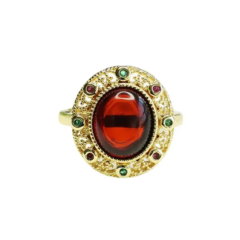 Aiyu Natural Amber Ring with Green Stones Ethnic Style