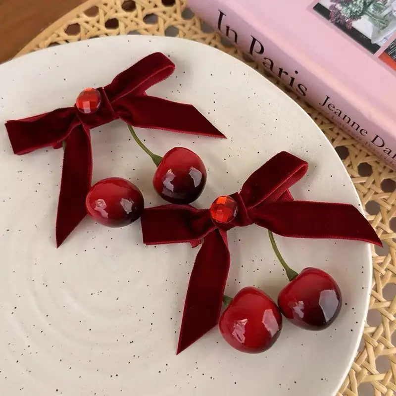 Winter Cherry Red Velvet Hairpins for Women — feature 4