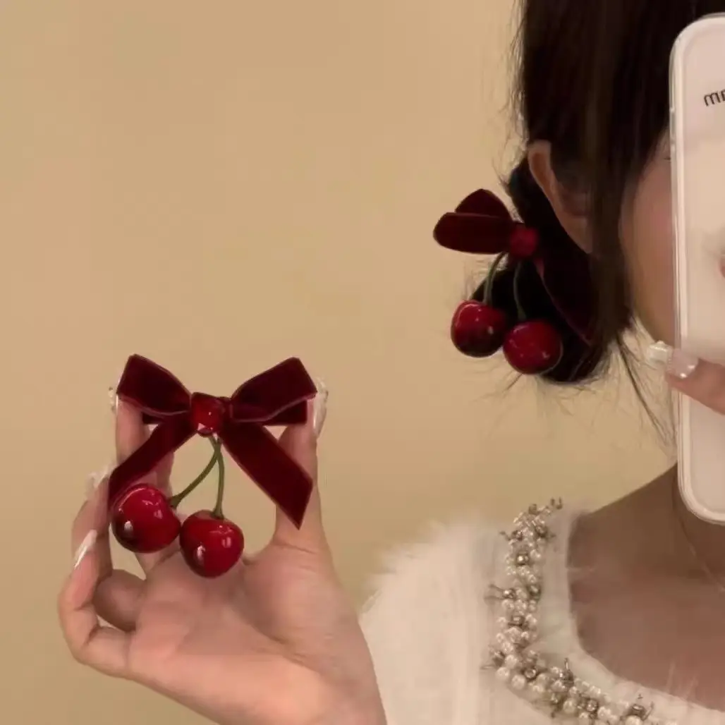 Winter Cherry Red Velvet Hairpins for Women — feature 5