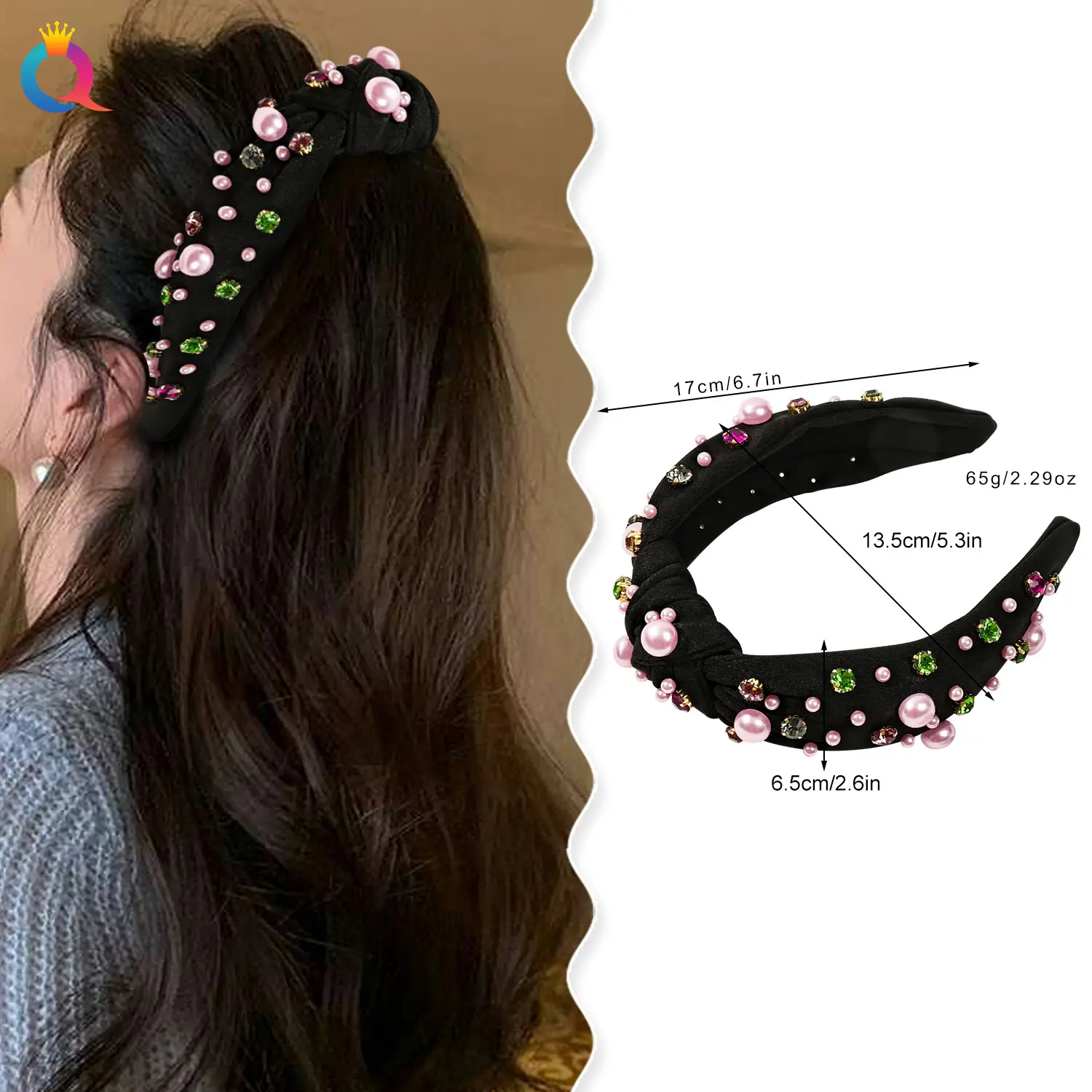 Black Rhinestone Pearl Skull Top Headband for Women - Image 6