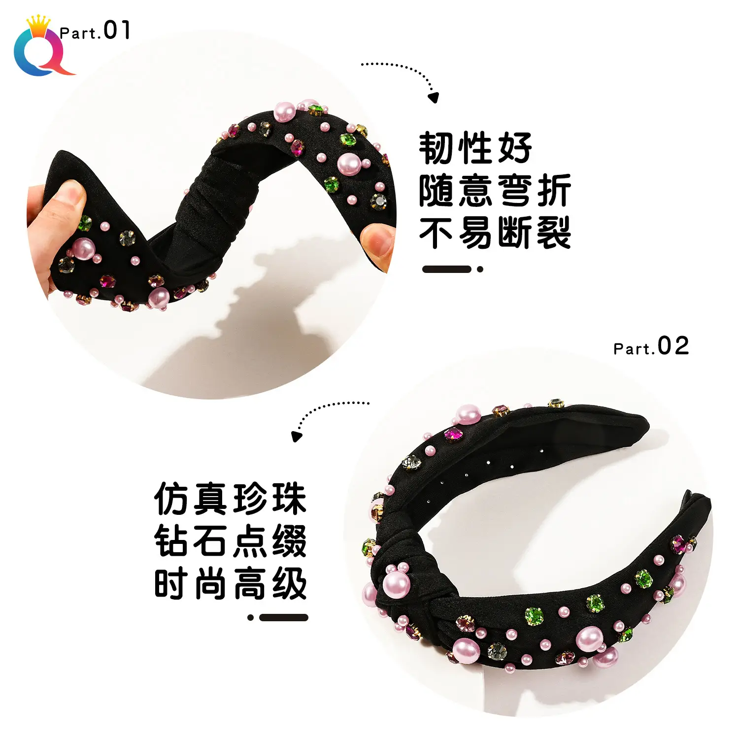 Black Rhinestone Pearl Skull Top Headband for Women - Image 7