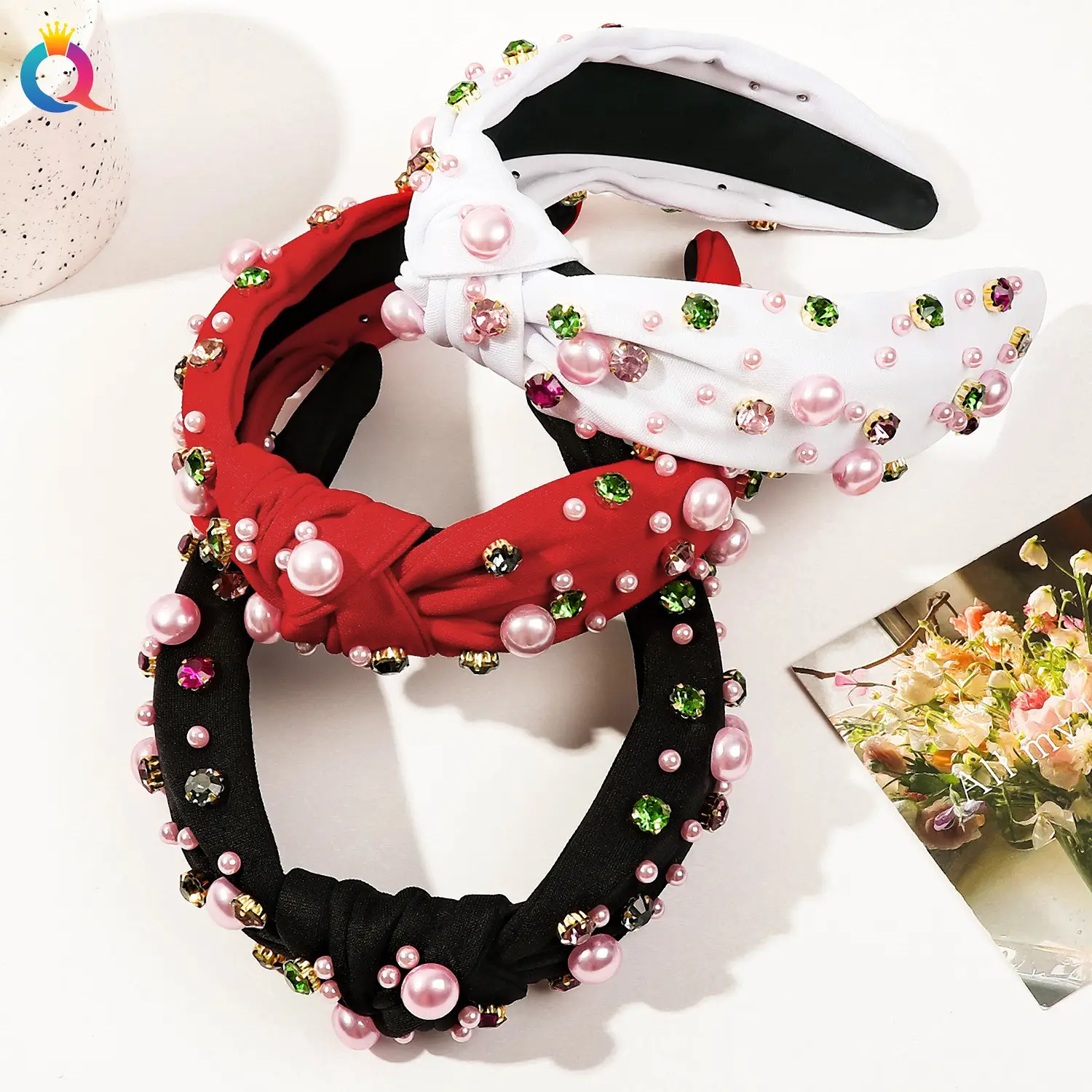 Black Rhinestone Pearl Skull Top Headband for Women — feature 19