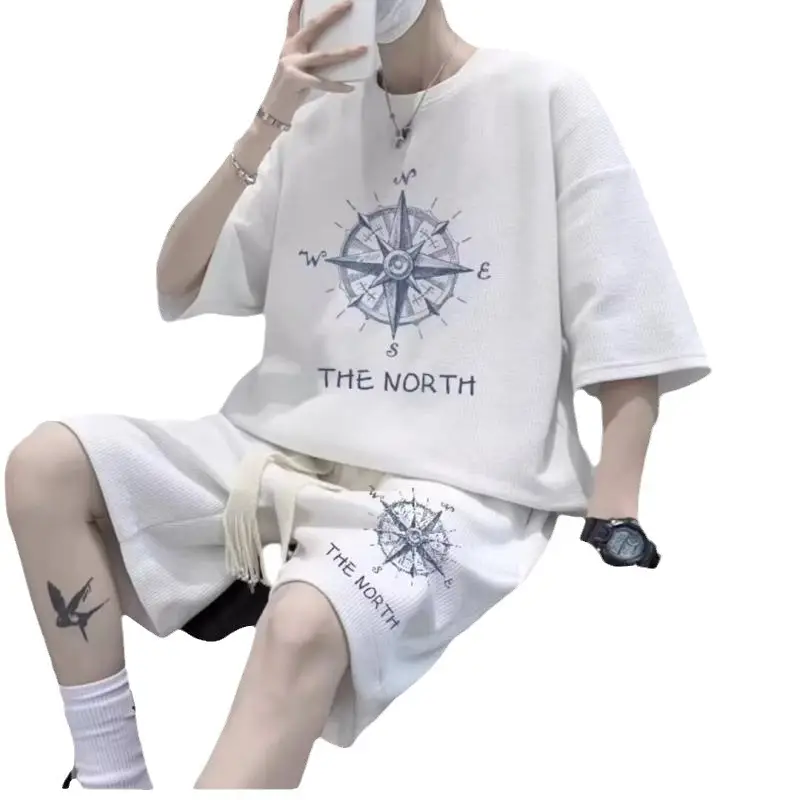 Men's White Compass Print T-Shirt Shorts Set - Image 6