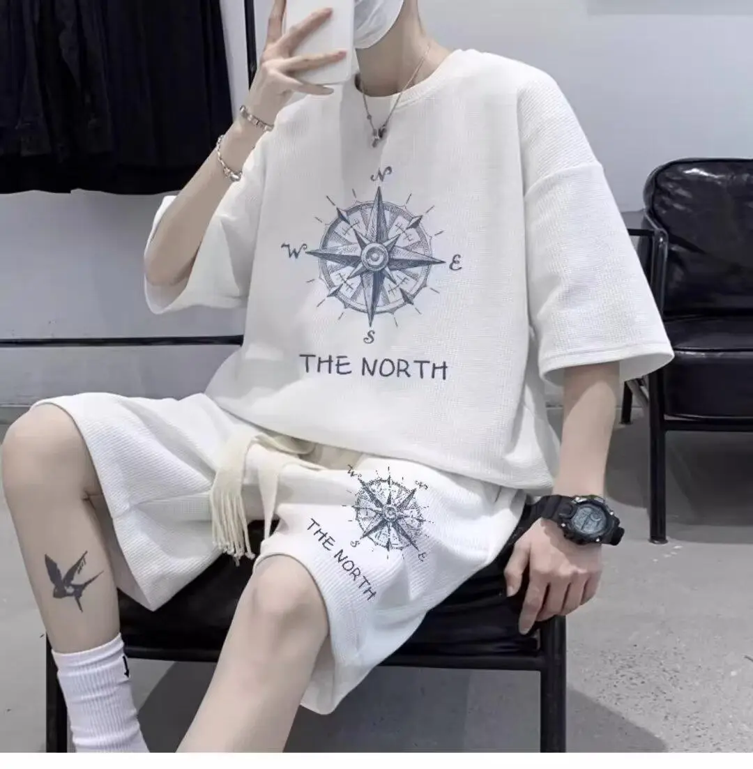 Men's White Compass Print T-Shirt Shorts Set — feature 5