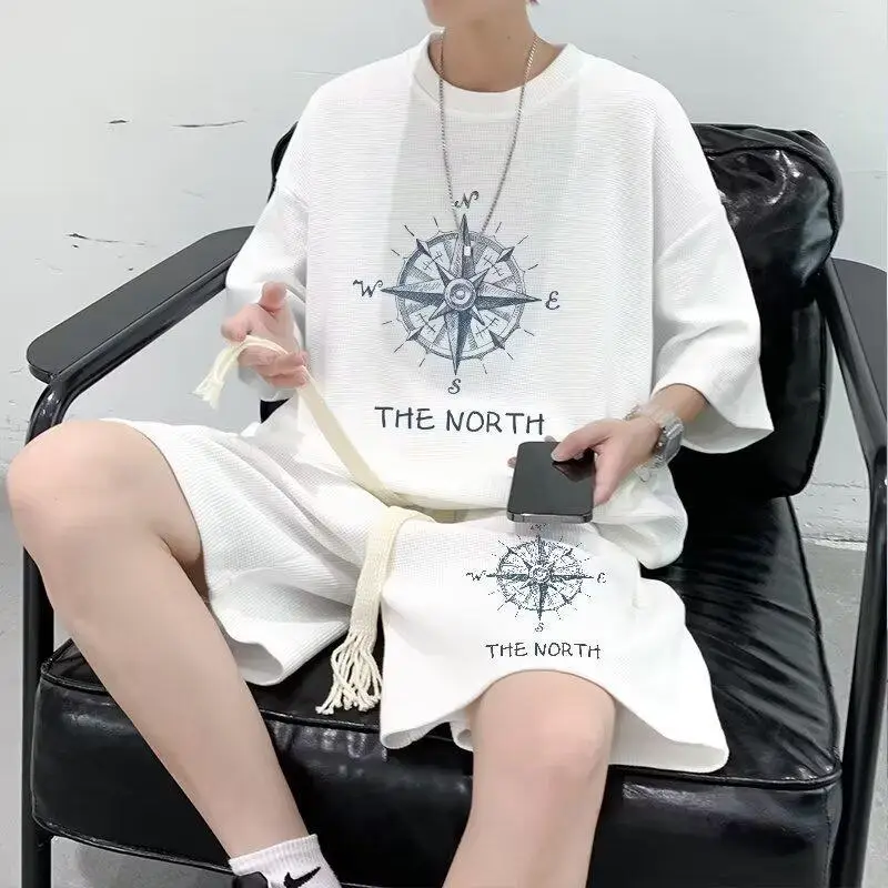 Men's White Compass Print T-Shirt Shorts Set - Image 2