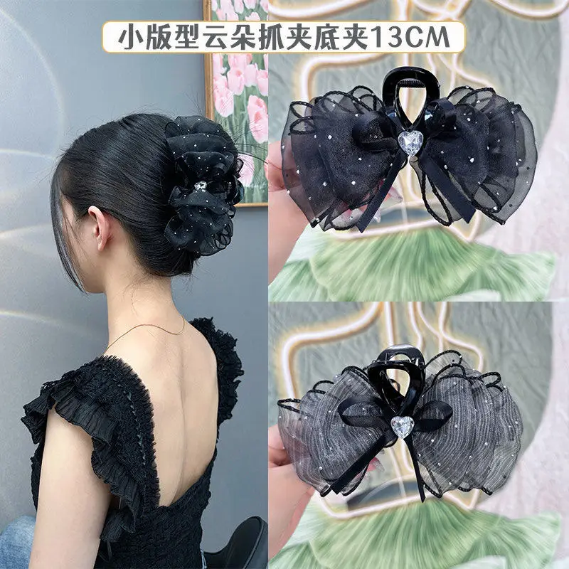 Black Sparkly Bow Hair Clip with Heart Detail - Image 3