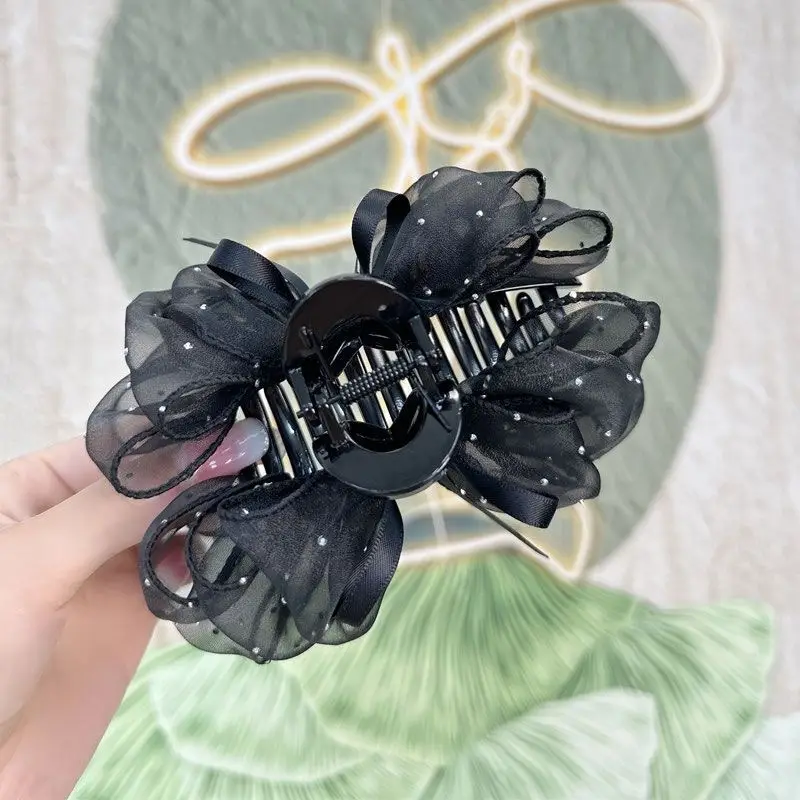 Black Sparkly Bow Hair Clip with Heart Detail - Image 6