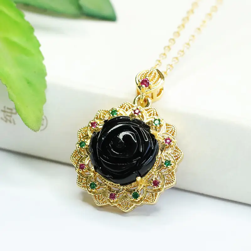 Black Rose Sunflower Necklace with Gold Plated Pendant - Image 3