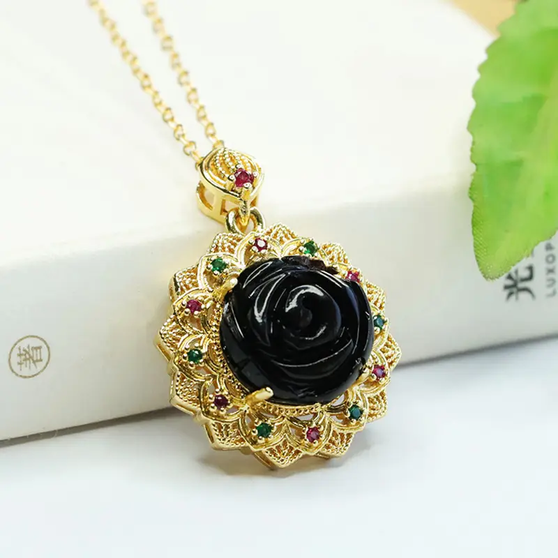 Black Rose Sunflower Necklace with Gold Plated Pendant - Image 4