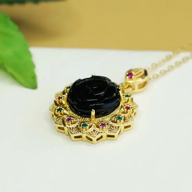 Black Rose Sunflower Necklace with Gold Plated Pendant - Image 5