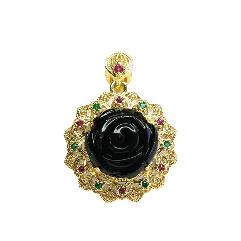 Black Rose Sunflower Necklace with Gold Plated Pendant - Image 6