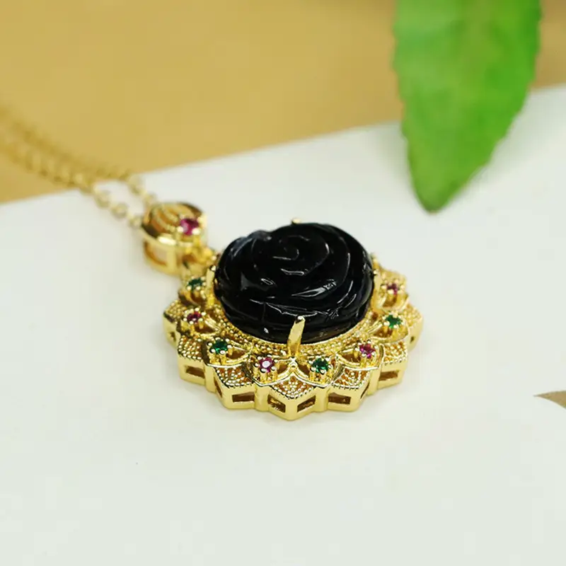 Black Rose Sunflower Necklace with Gold Plated Pendant — feature 9