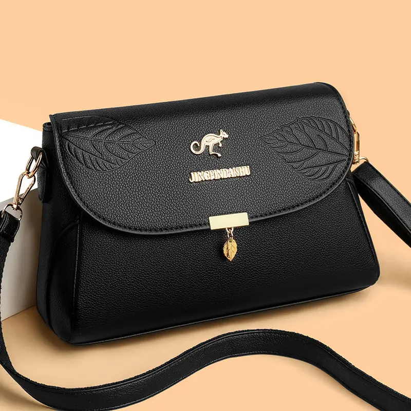 Black Embossed Leather Crossbody Bag for Women - Image 5