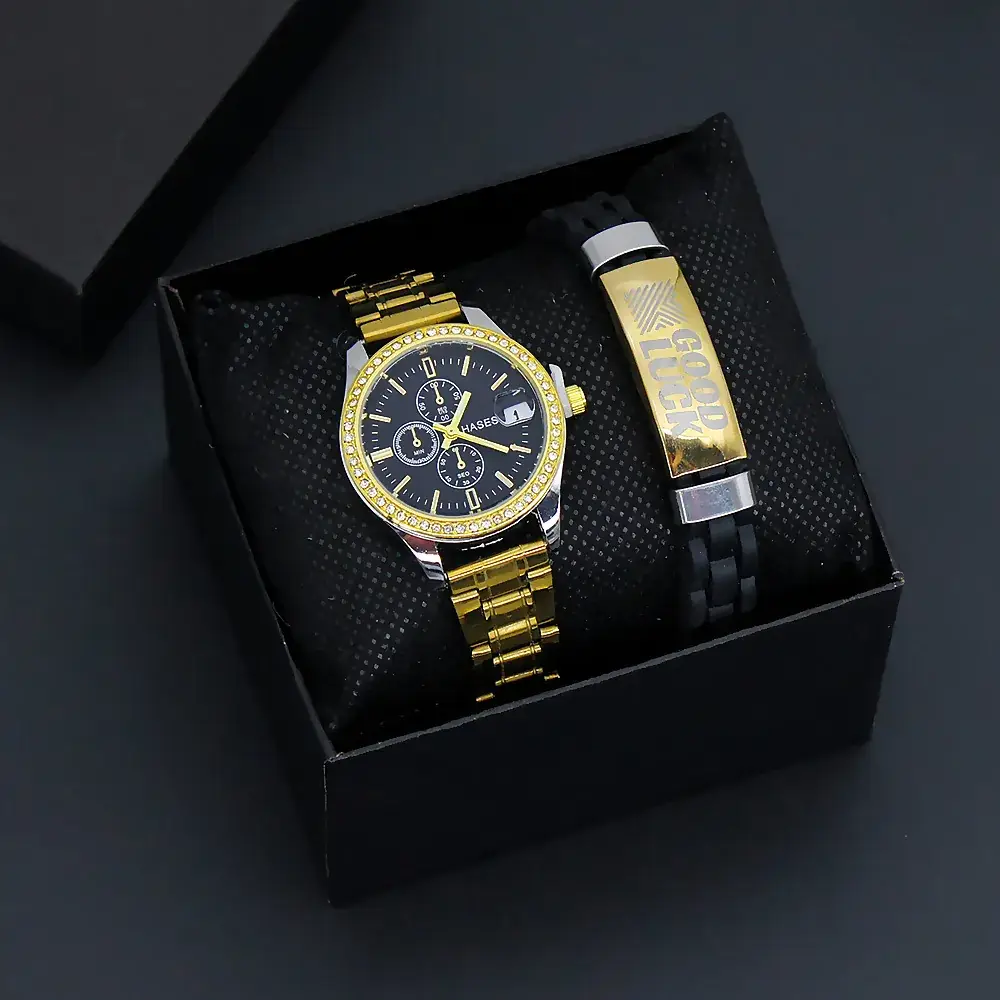 Gold Plated Women's Quartz Watch with Bracelet Set - Image 3