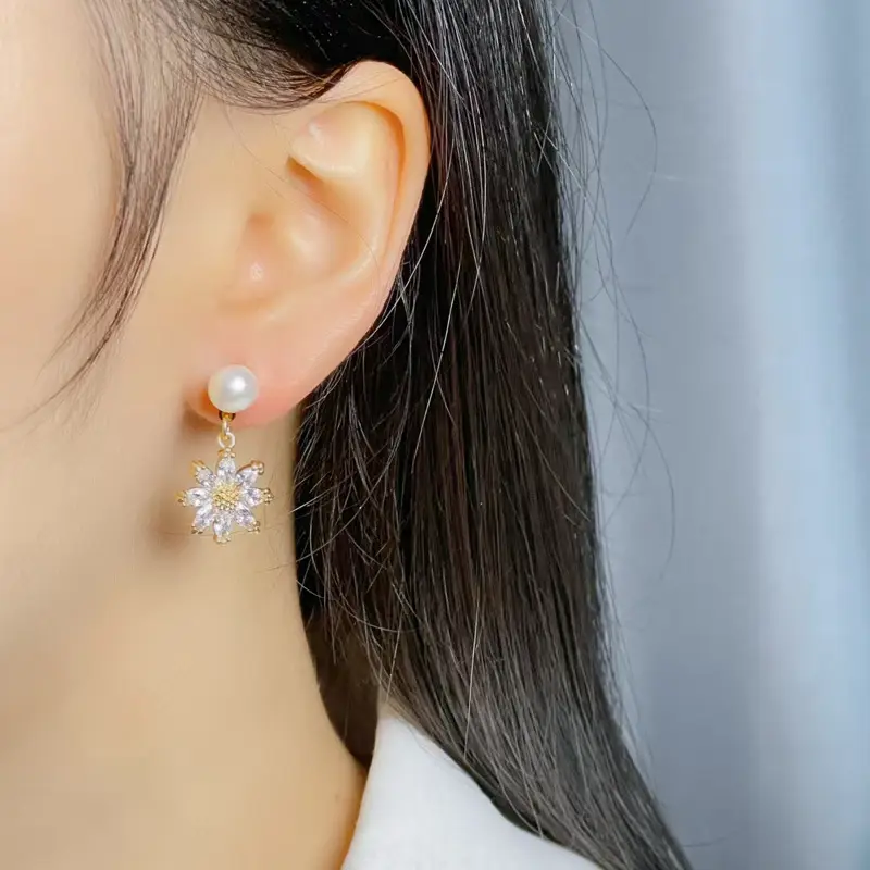 Sunflower Micro-inlaid Pearl Earrings S925 Silver - Image 3