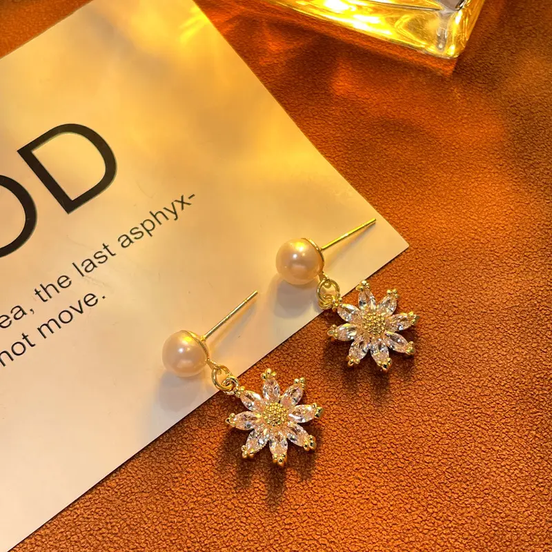 Sunflower Micro-inlaid Pearl Earrings S925 Silver - Image 4