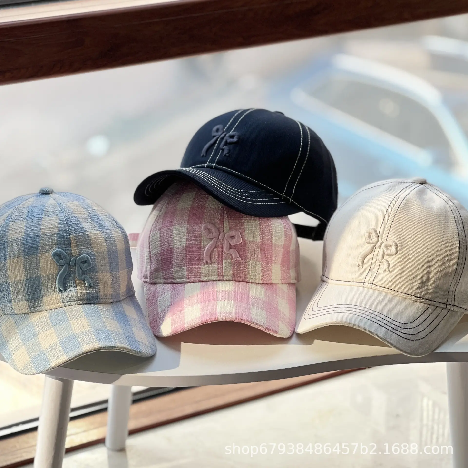 Women's Blue Bow Cap Pure Cotton Four Season Large Bristle - Image 6