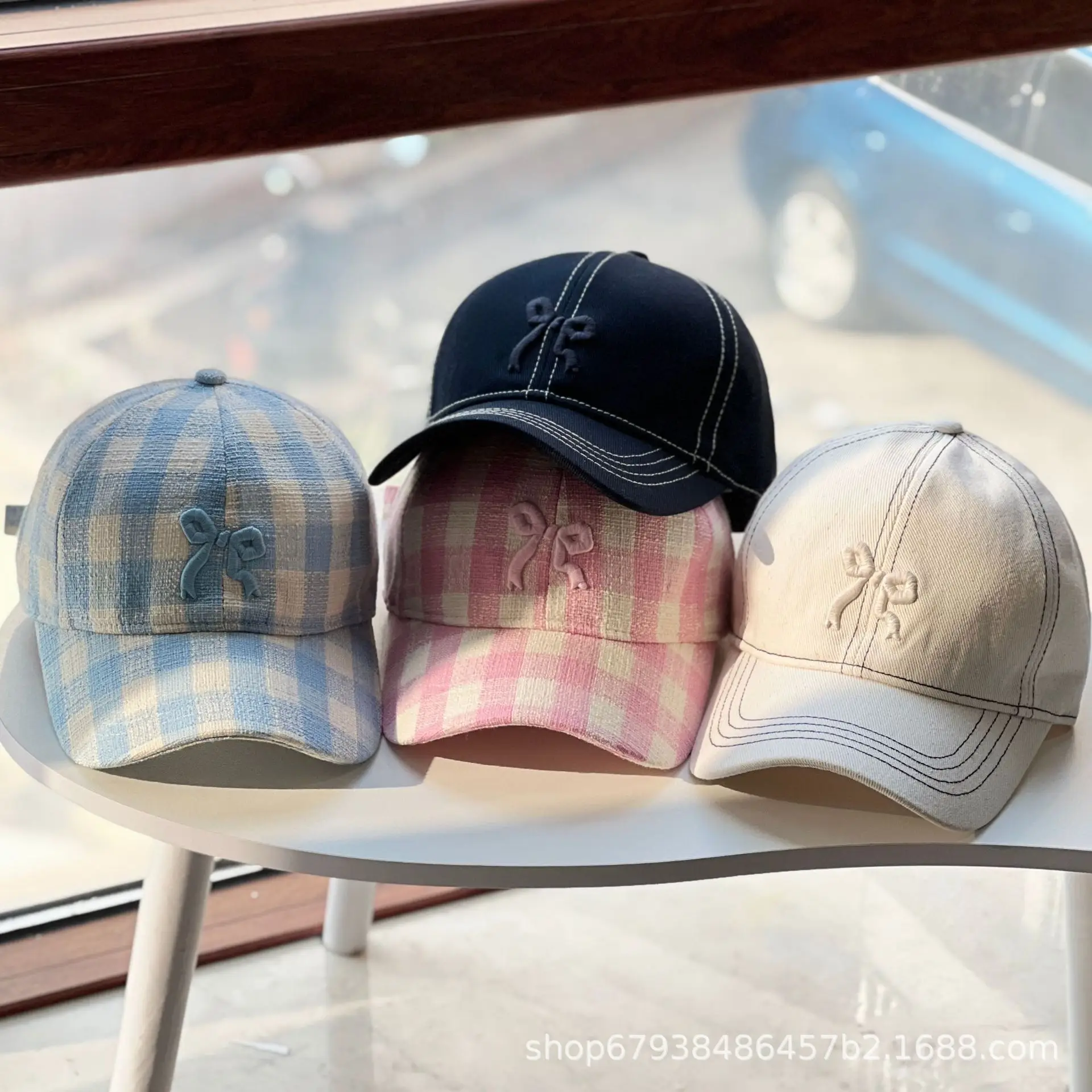 Women's Blue Bow Cap Pure Cotton Four Season Large Bristle — feature 2