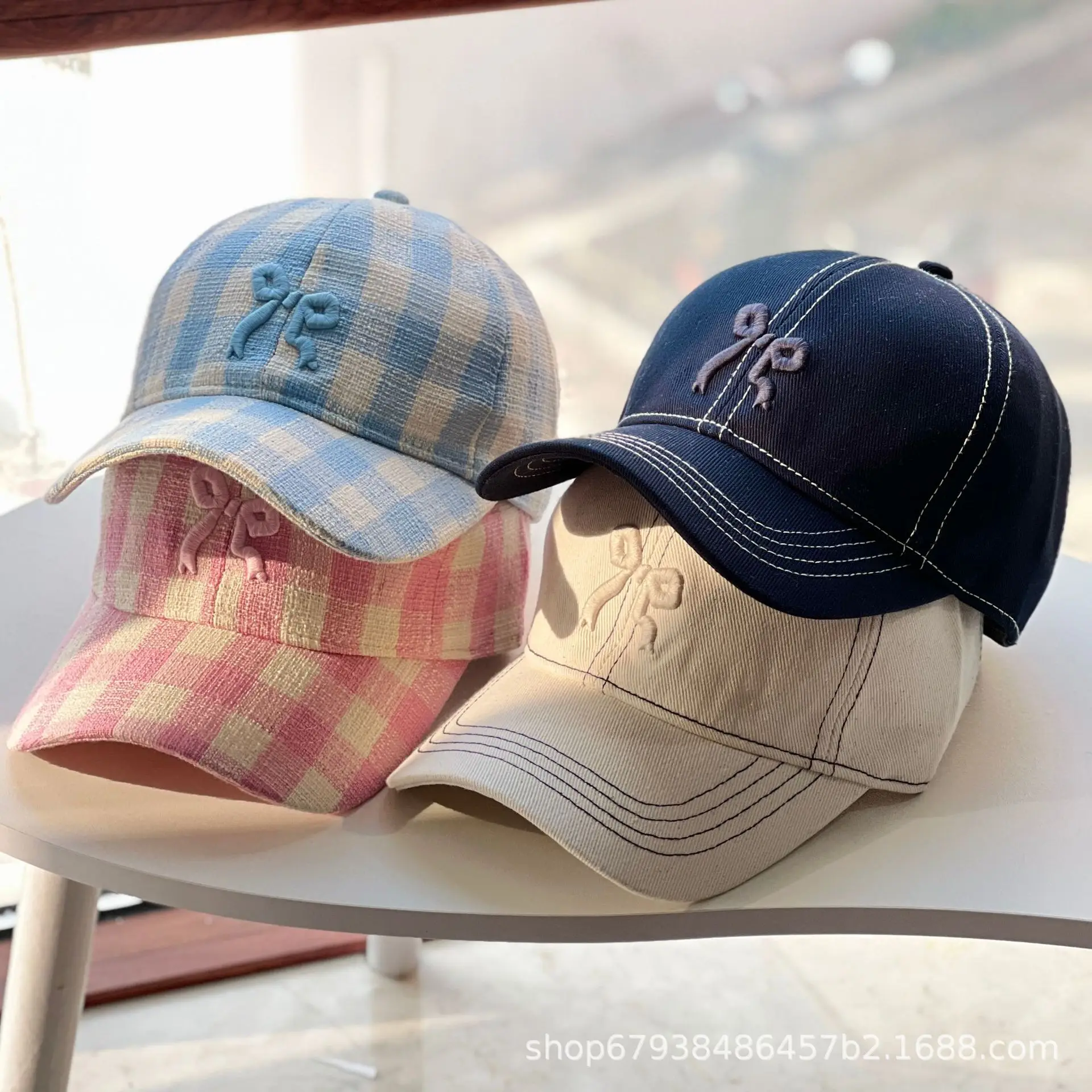 Women's Blue Bow Cap Pure Cotton Four Season Large Bristle — feature 3