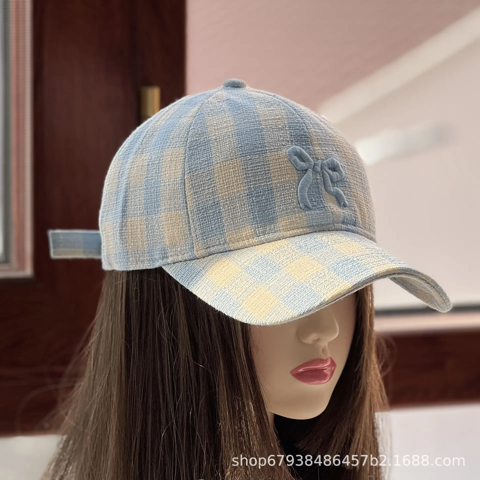 Women's Blue Bow Cap Pure Cotton Four Season Large Bristle — feature 6