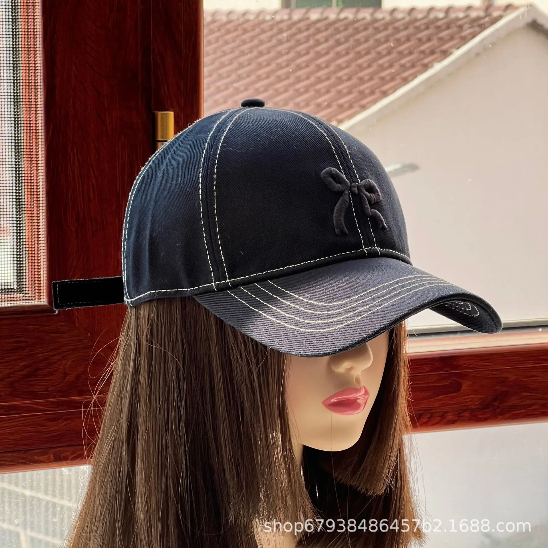 Women's Blue Bow Cap Pure Cotton Four Season Large Bristle — feature 9