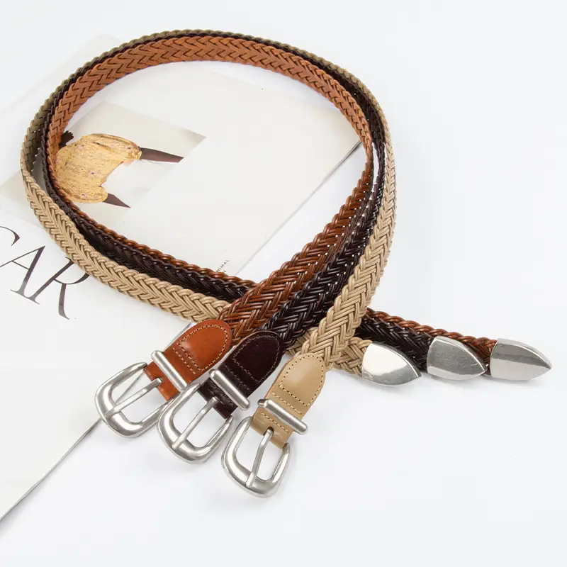 Women's Brown Woven Belt with Denim Pants Decorative Pin Buckle
