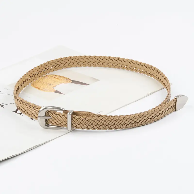 Women's Brown Woven Belt with Denim Pants Decorative Pin Buckle