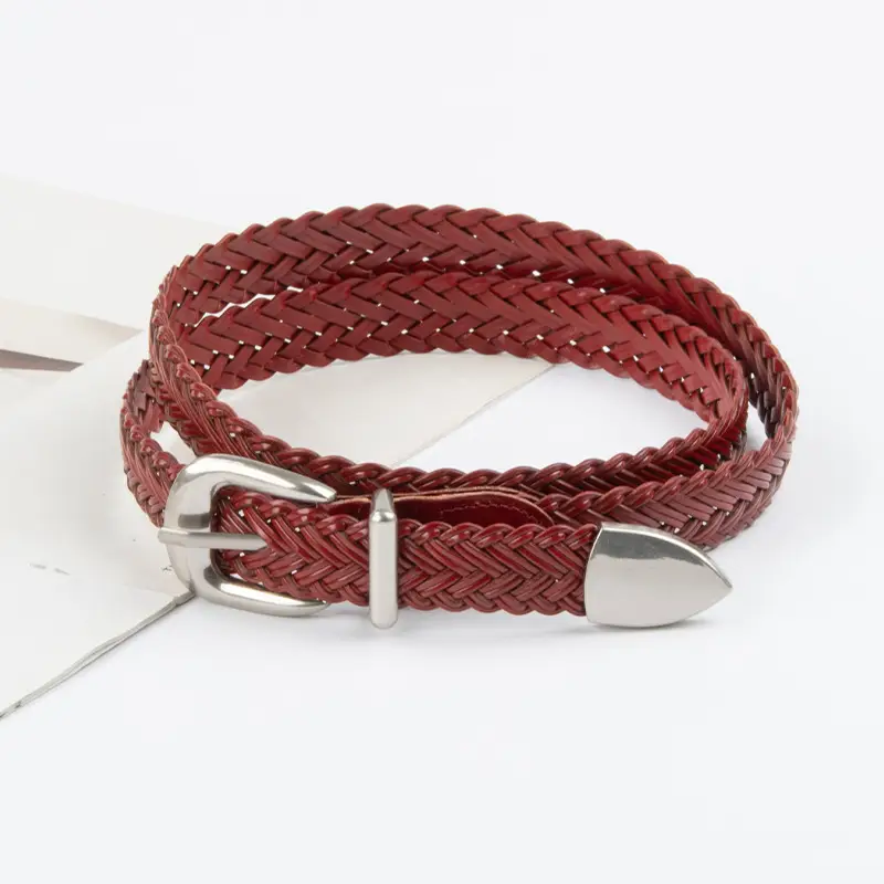 Women's Brown Woven Belt with Denim Pants Decorative Pin Buckle
