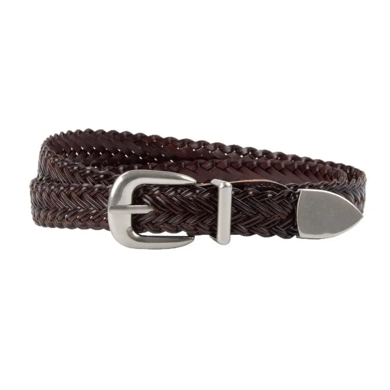 Women's Brown Woven Belt with Denim Pants Decorative Pin Buckle