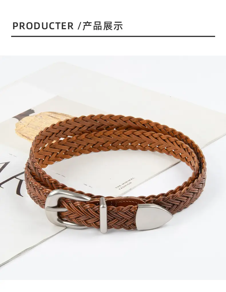 Women's Brown Woven Belt with Denim Pants Decorative Pin Buckle — feature 10