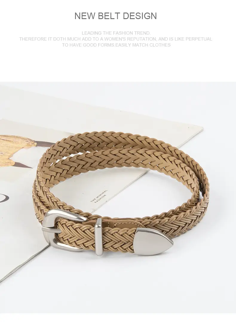 Women's Brown Woven Belt with Denim Pants Decorative Pin Buckle — feature 11
