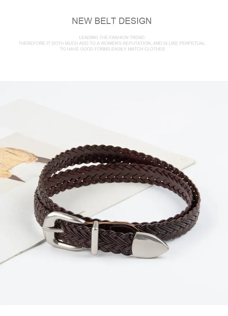 Women's Brown Woven Belt with Denim Pants Decorative Pin Buckle — feature 12