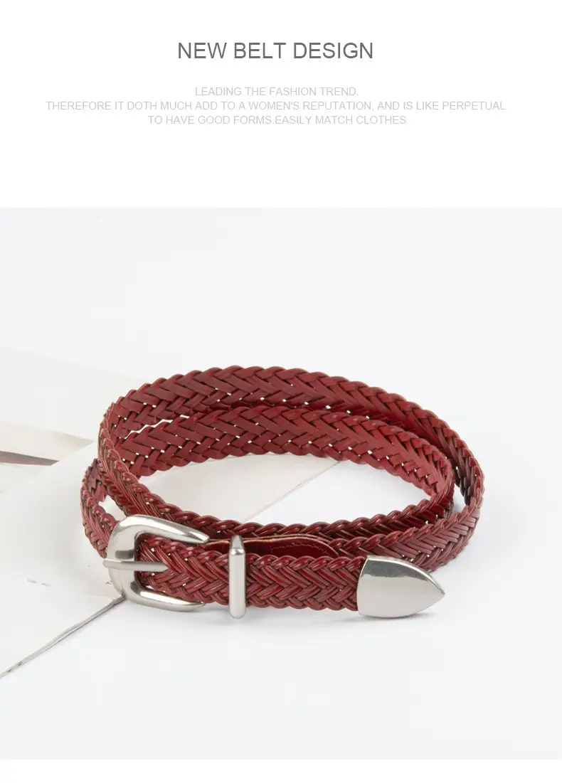 Women's Brown Woven Belt with Denim Pants Decorative Pin Buckle — feature 13