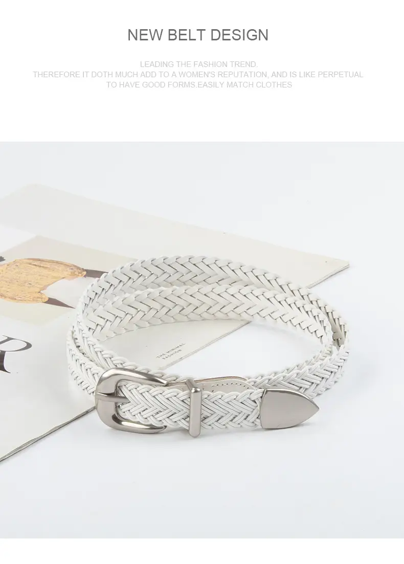 Women's Brown Woven Belt with Denim Pants Decorative Pin Buckle — feature 14