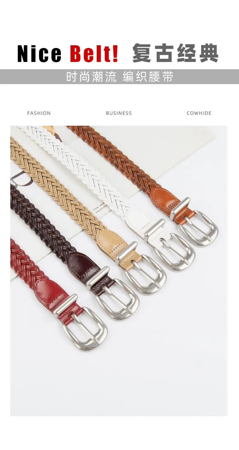 Women's Brown Woven Belt with Denim Pants Decorative Pin Buckle — feature 4