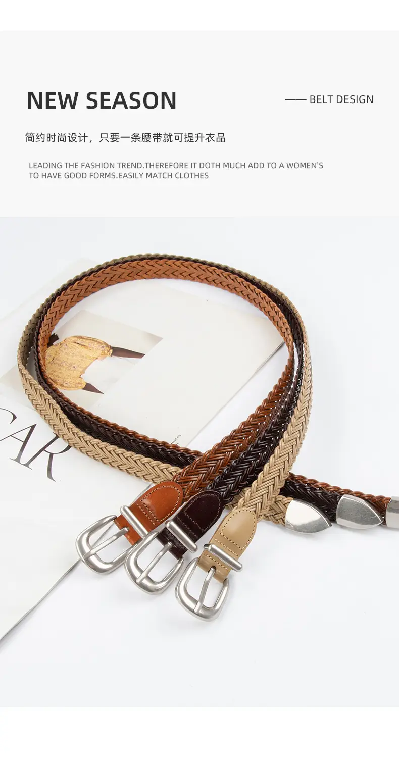 Women's Brown Woven Belt with Denim Pants Decorative Pin Buckle — feature 5