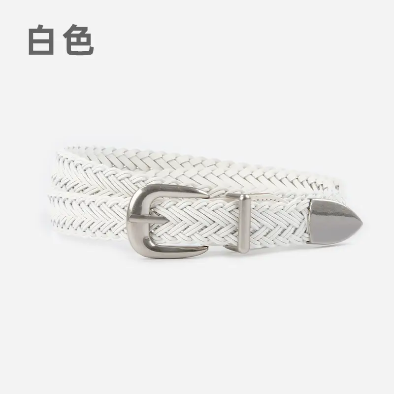 Women's Brown Woven Belt with Denim Pants Decorative Pin Buckle