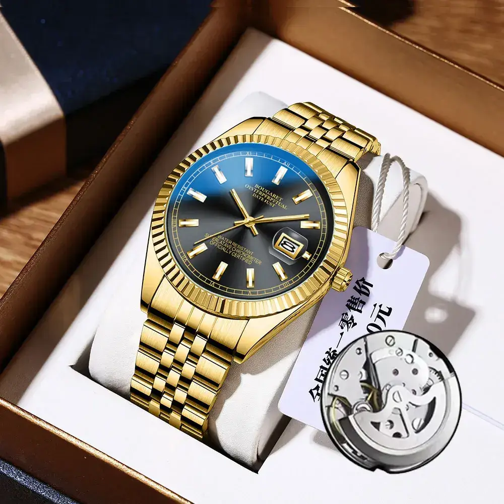 Gold Automatic Men's Watch with Luminous Dial & Stainless Strap - Image 2