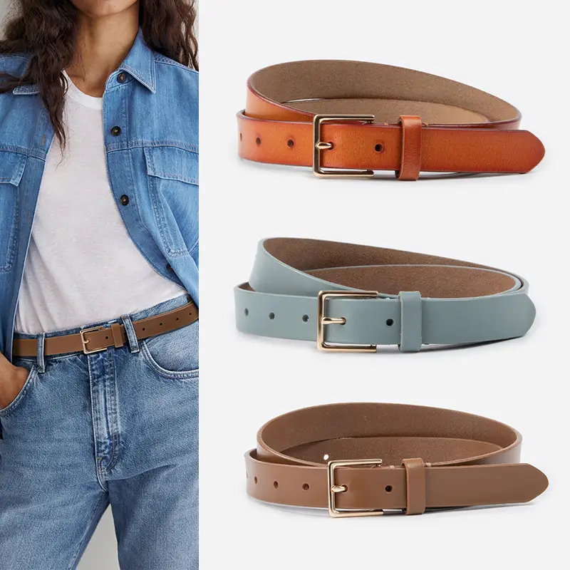 Women's Brown Genuine Leather Belt with Gold Buckle - Image 13
