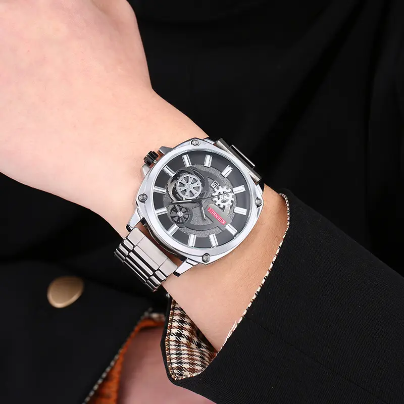 Kaisenrui Black Steel Belt Watch with Skeleton Design — feature 2
