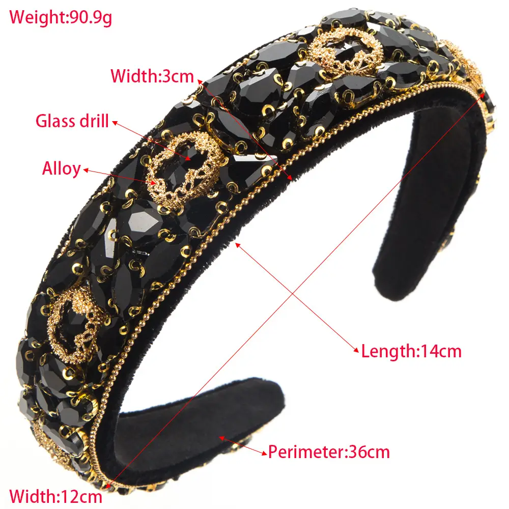 Black Glass Drill Hair Hoop Women Heavy Work Baroque