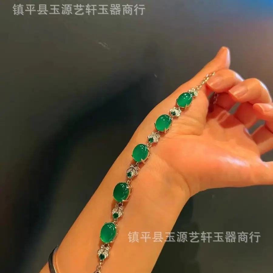 Brazil Yang Chalcedony Emerald Green Bracelet with Round Diamonds - Image 6