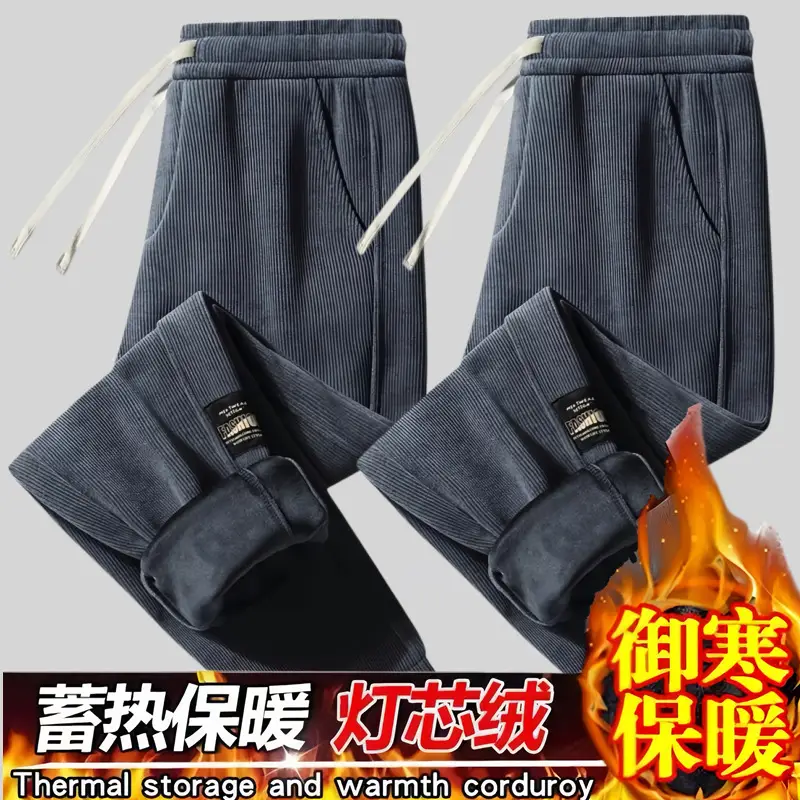 Men Fleece Lined Sweatpants Black Plus Size Warm Corduroy - Image 7