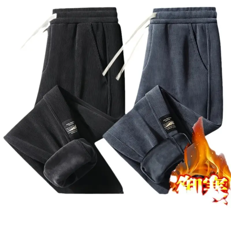 Men Fleece Lined Sweatpants Black Plus Size Warm Corduroy - Image 10